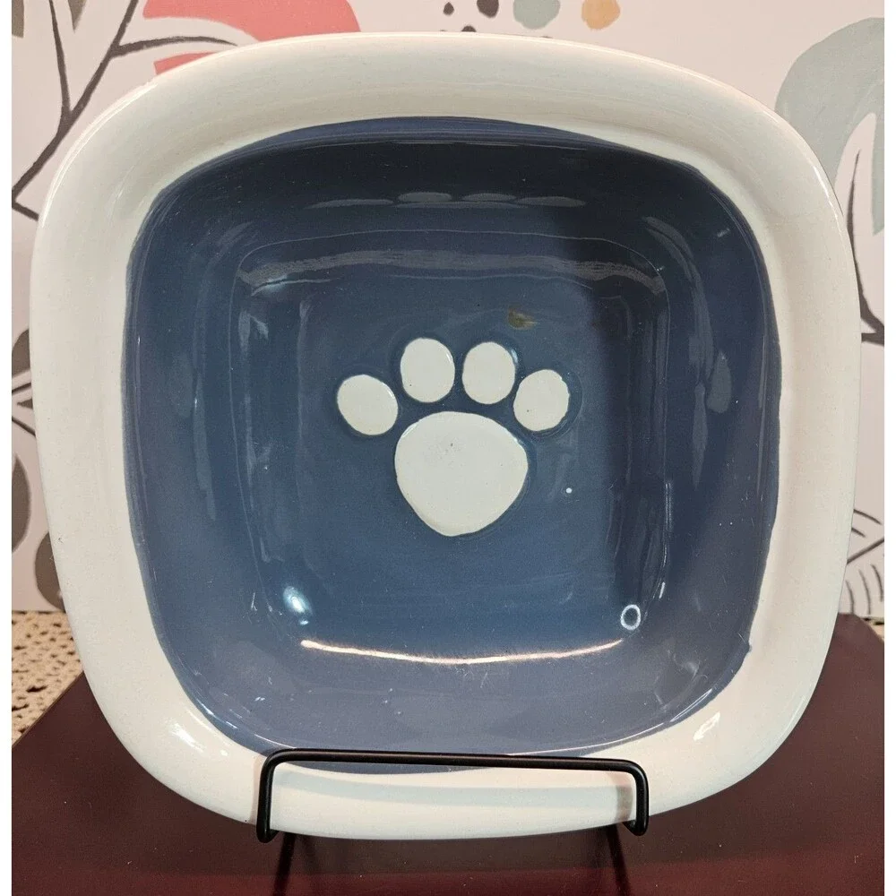 Castlemere Ceramic Dog Dish Food Water Bowl Blue w/ White Embossed Bone (read)